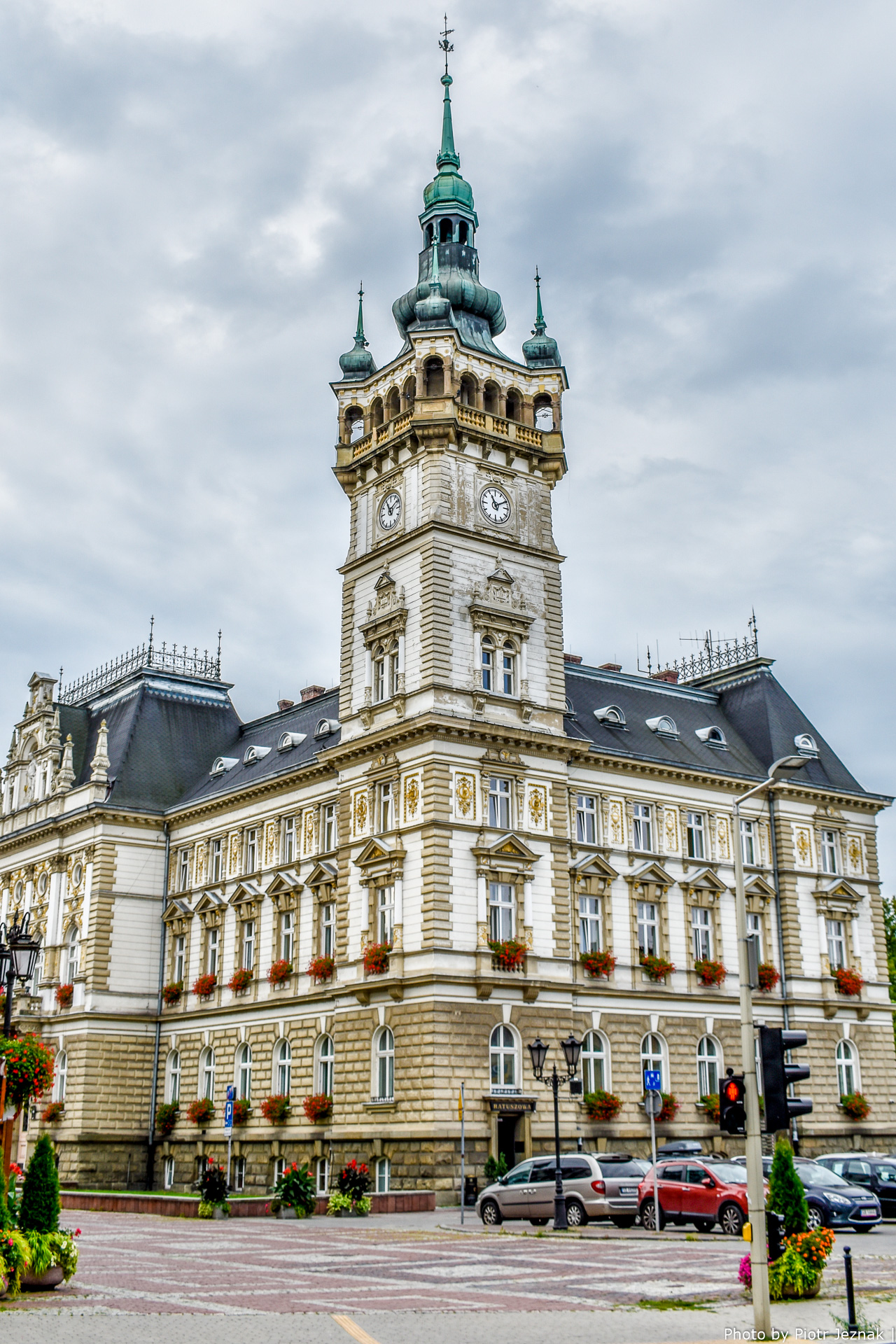 The clock tower of the town hall in Bielsko-Biala